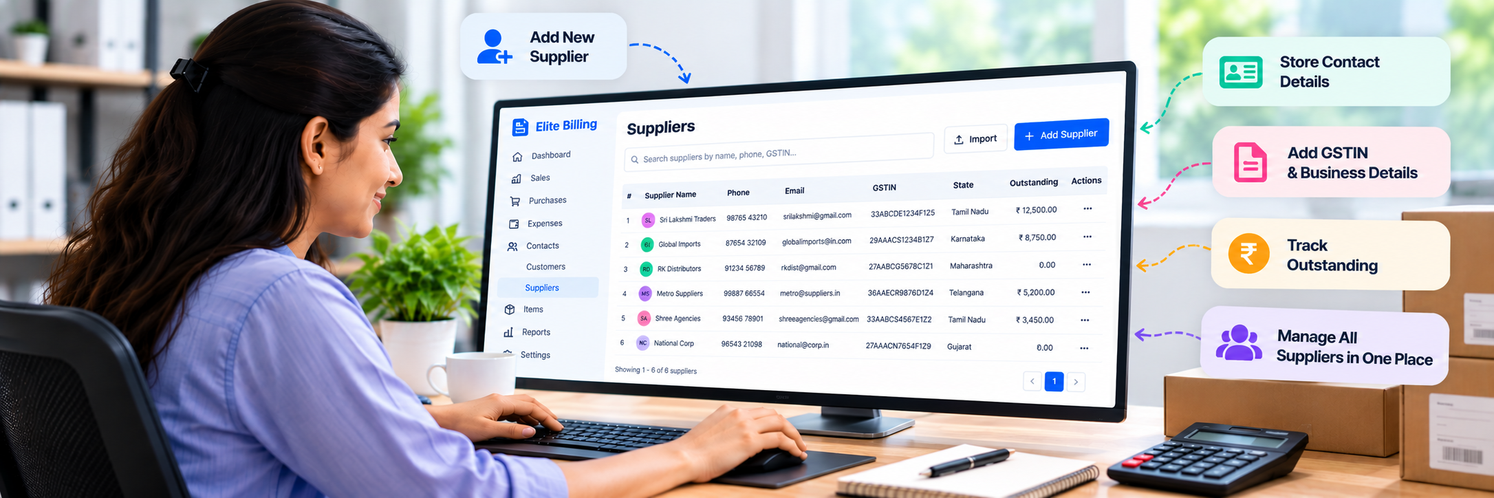 Modern Elite Billing supplier management workspace